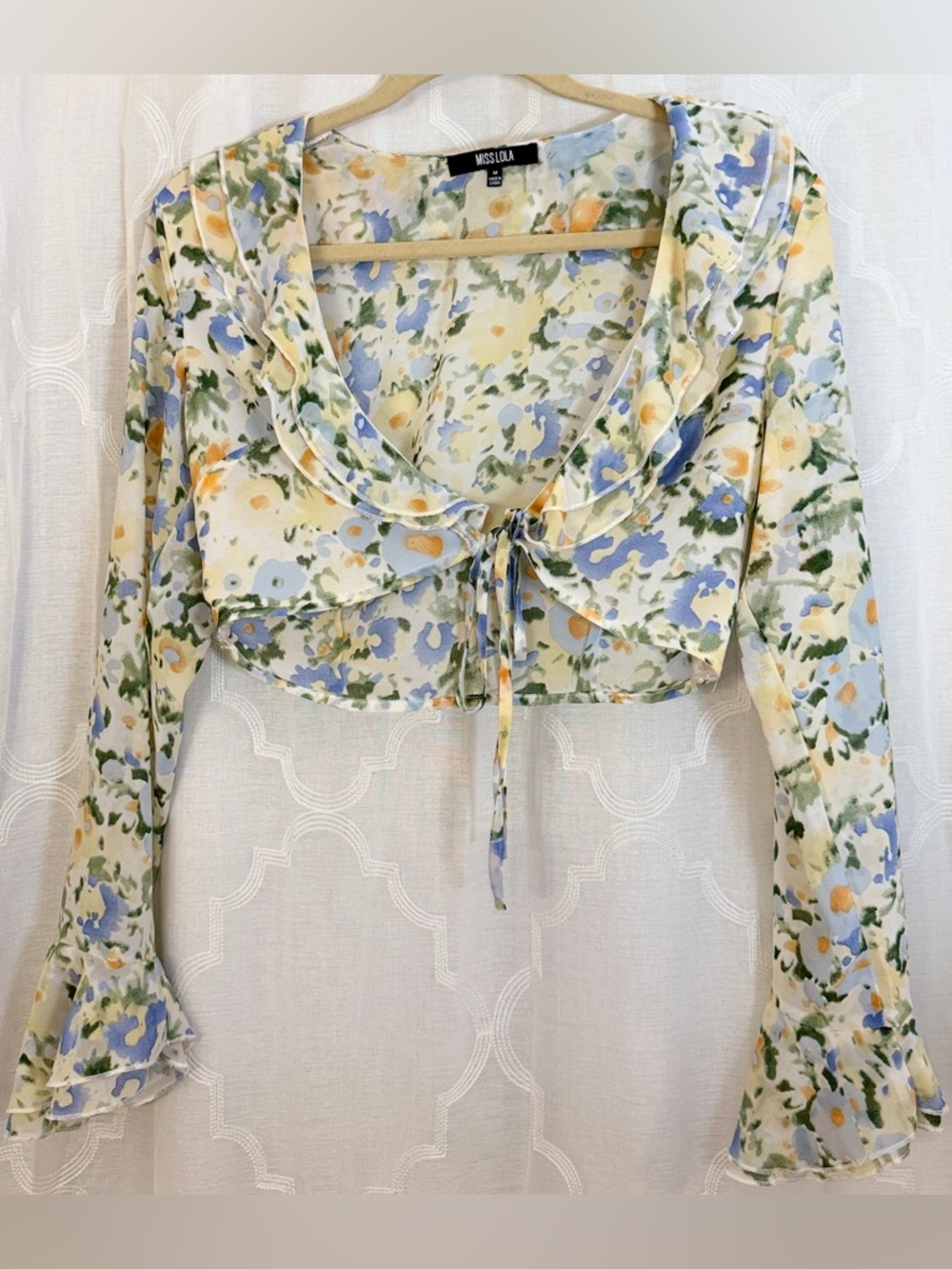 Miss Lola Floral Tie Front Crop Top Size M Boho Cottagecore Sheer Blouse 🦋